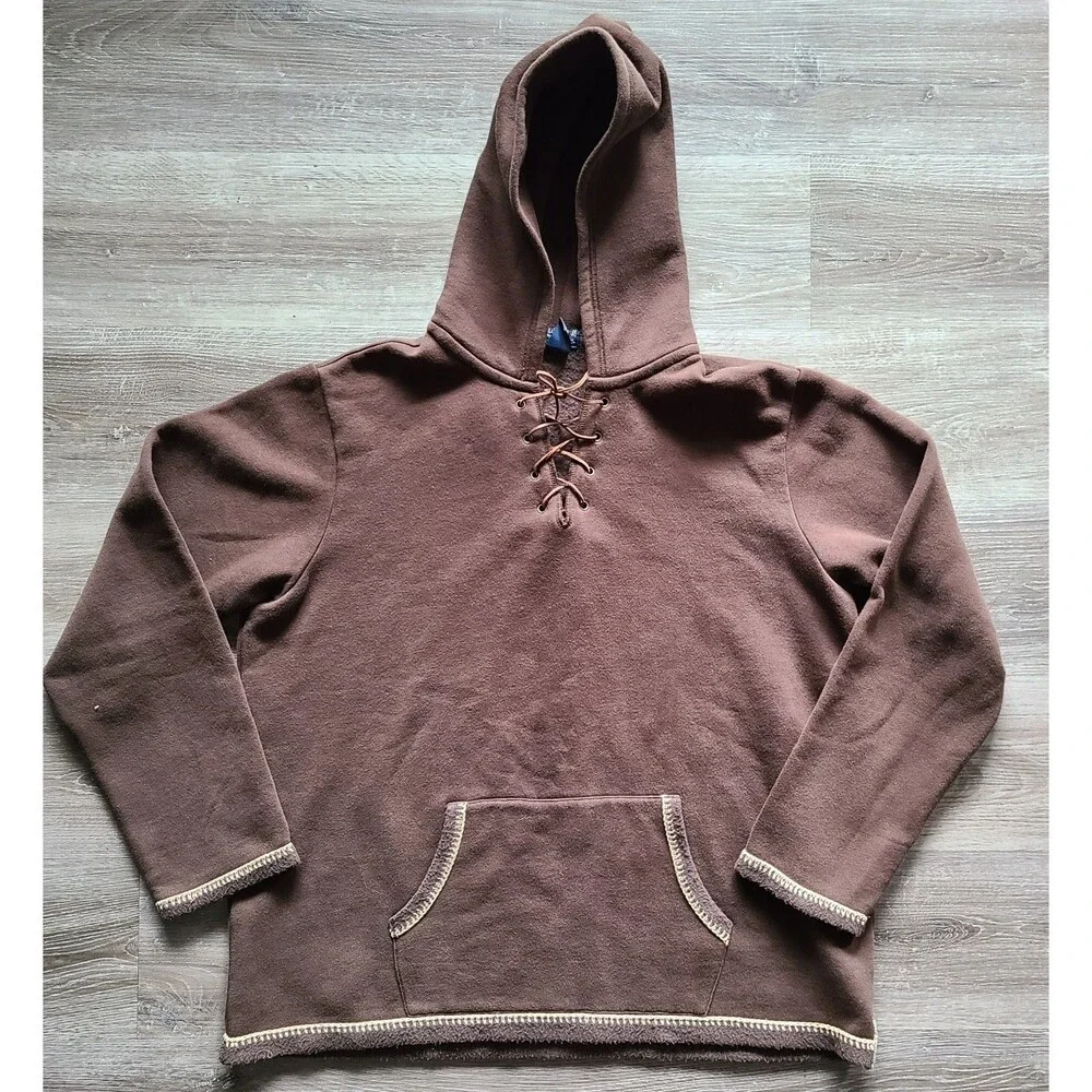 Vintage Polo Jeans Co Ralph Lauren Hoodie Mens L Brown Lace Up Pullover Fleece